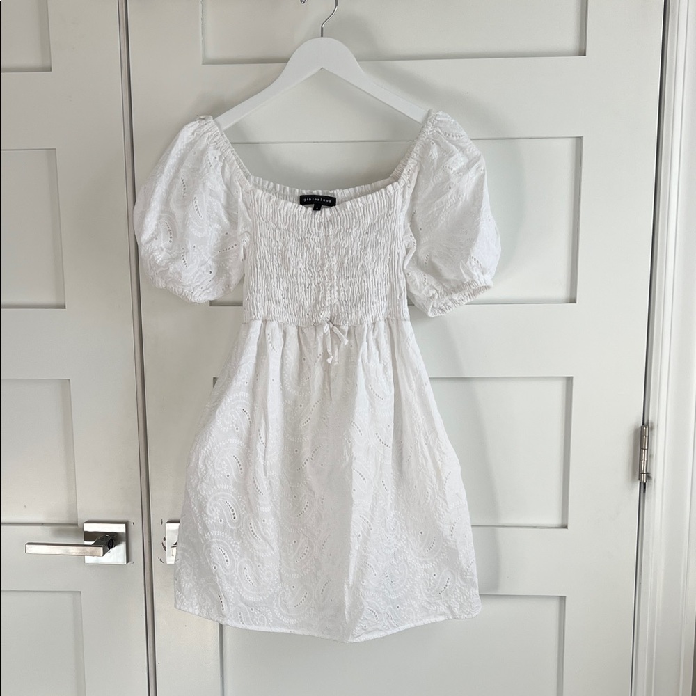 White Eyelet Puff Sleeve Mini Dress